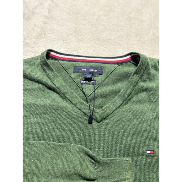 Tommy Hilfiger V Neck Premium Cotton Sweater Solid Green Men's Size Medium - Picture 5 of 7